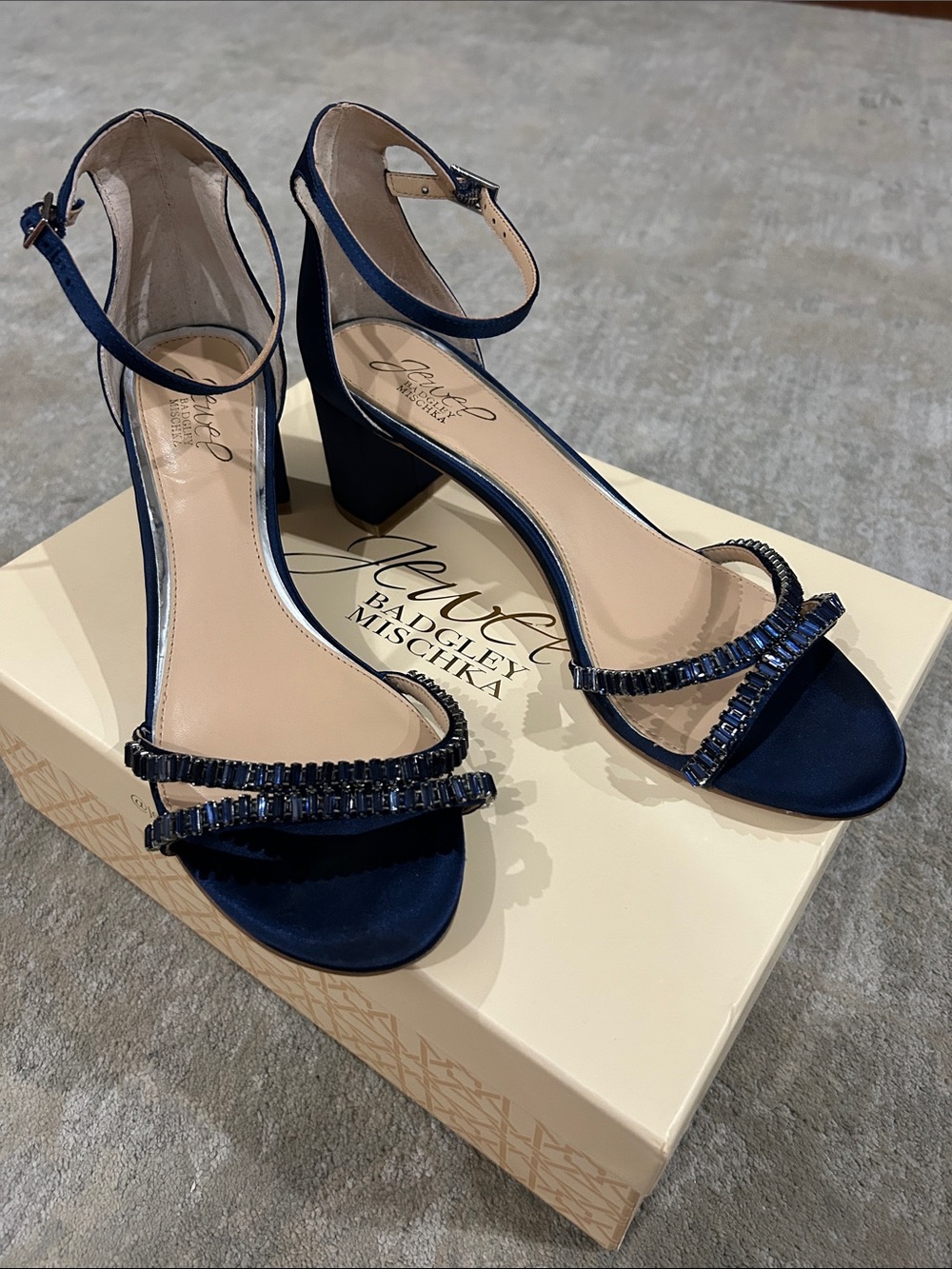 Badgley Mischka Navy Beaded Ankle-Strap Block Heels